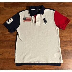 Polo Ralph Lauren Boys Big Pony Colorblock Polo Shirt Navy Red Size L 14-16 USA